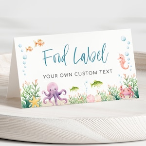 Plantilla para colocar tarjetas con etiquetas de comida bajo el mar - Decoración de mesa para baby shower con temática oceánica - Baby Shower náutico - 1619BBS