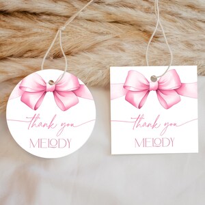 She&#39;s Tying the Knot Bridal Shower Favor Tag Template - Circle + Square - Pink Ribbon Bow Bridal Shower Decor - 1610B
