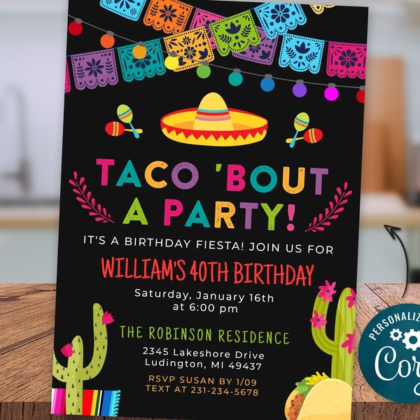 Any Age Taco Bout a Party Invitation - Fiesta Birthday Party Invite Cactus Invite - Chalkboard Digital INSTANT download Editable FST