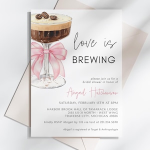 Pink Bow Espresso Martini Bridal Shower Invitation Template - Love is Brewing - Editable Digital Download 5009E