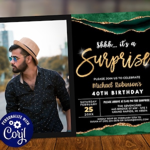 Surprise Birthday Invitation with Picture, Emerald Green Photo Invite, Digital Instant Download Editable, AGT APBGG