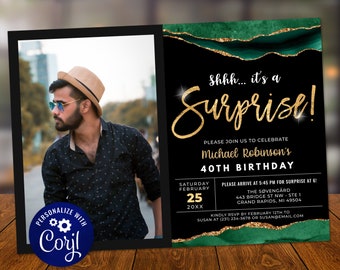 May include: A black and green invitation with gold glitter accents. The invitation reads "Shhh... it's a Surprise!" and is for Michael Robinson's 40th Birthday. The invitation includes the date, time, and location of the event.