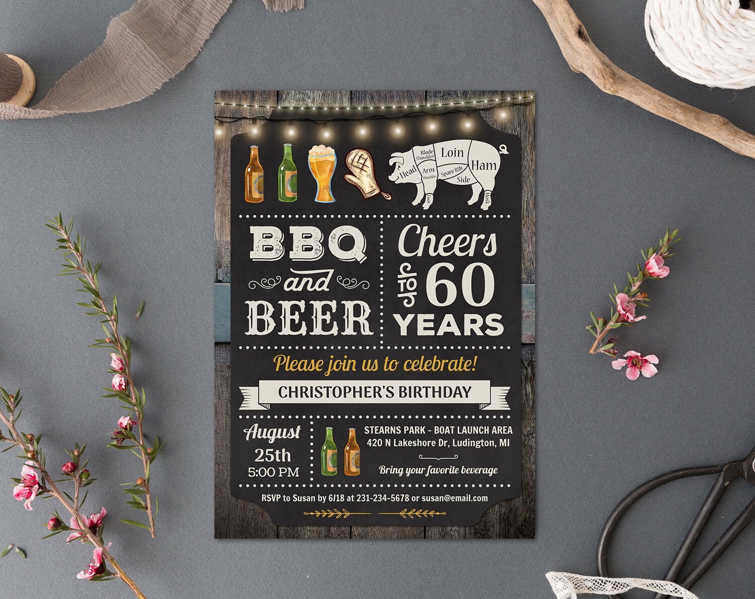 60th BBQ & Beers Rustic Pig Roast Cookout Birthday Etsy España