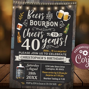 Any Age - Beers and Bourbon Birthday Party Invitation Chalkboard & Wood Digital INSTANT Download 5x7 Editable CBBP