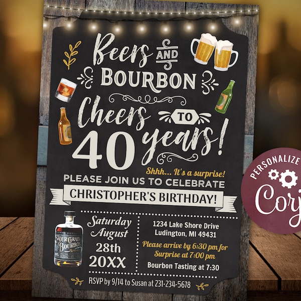 Any Age - Beers and Bourbon Birthday Party Invitation Chalkboard & Wood Digital INSTANT Download 5x7 Editable CBBP