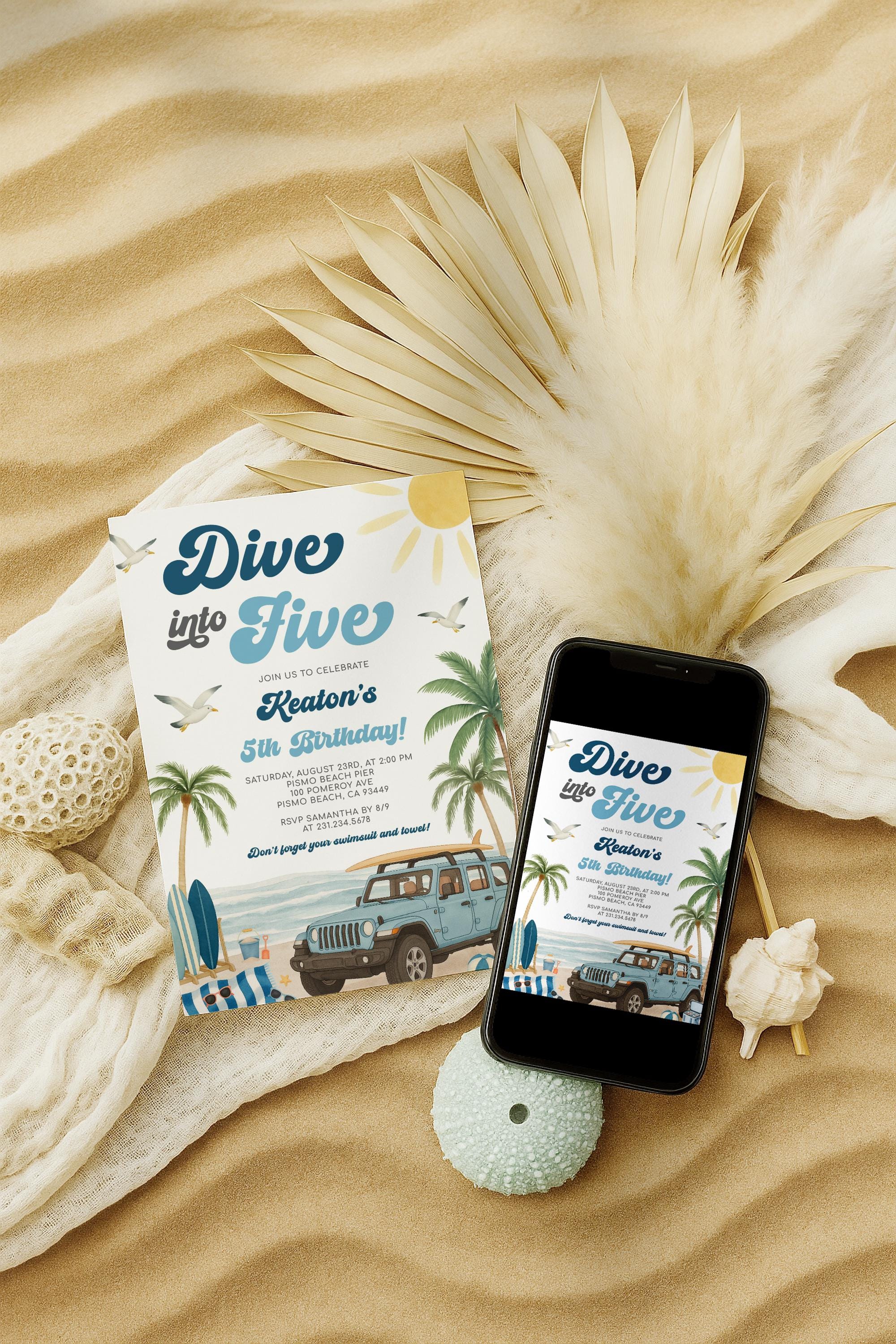 専用③ Surfing 5th Birthday Invitation - Dive Into Five Beach Birthday