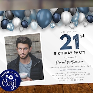 Balloons 21st Birthday One Photo Invitation - Adult TWENTY ONE Birthday Invite - Blue & White - Digital INSTANT download B40 BP40C