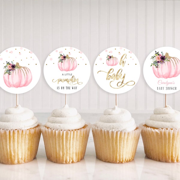 Editable Little Pumpkin Baby Shower Cupcake Toppers - Pink & Gold Floral - Autumn Fall Baby Shower - Digital Download BBS16