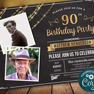 90th Birthday Photo Invitation NINETY Invite Party Photo Invite - Black Gold Digital INSTANT DOWNLOAD 5x7 & 4x6 Editable adult mens womans