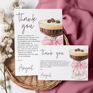 Modello per biglietto di ringraziamento per addio al nubilato Pink Bow Espresso Martini - Un po' più vicino al lieto fine - Download digitale modificabile 5009C