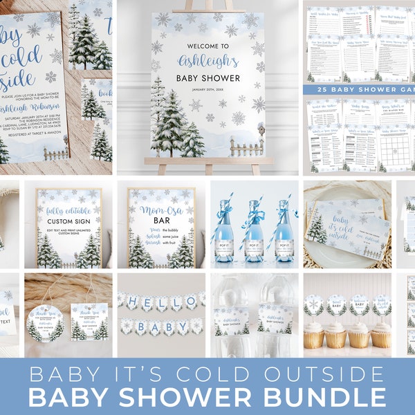 Editable Baby It's Cold Outside Boy Baby Shower Invitation Big Bundle - Winter Snowflake Shower Bundle  Printable Digital Download CP161BBS