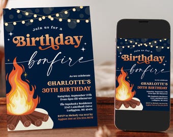 Modern Birthday Bonfire Invitation - Campfire Birthday Party Photo Invite - Outdoor Bonfire Bash Party - Digital Download - 0421 14