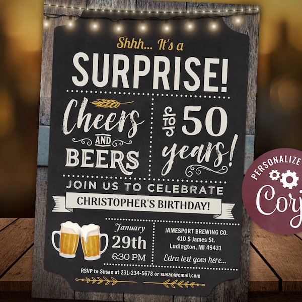 50th Cheers and Beers Surprise  Birthday Party Invitation - FIFTY  - Chalkboard Wood Digital INSTANT Download Editable adult mens male CBBP