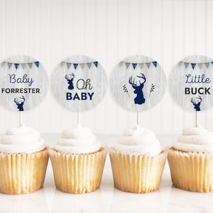 Editable Little Buck Deer Baby Shower Cupcake Toppers - Blue Grey Plaid - Rustic Boy Baby Shower - Digital Download BBS5