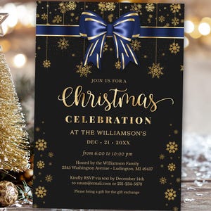 Modello di invito per festa di Natale - Invito per celebrazione di Natale - Festa di Natale blu navy e oro - Invito di Natale Download IMMEDIATO - CP CP126