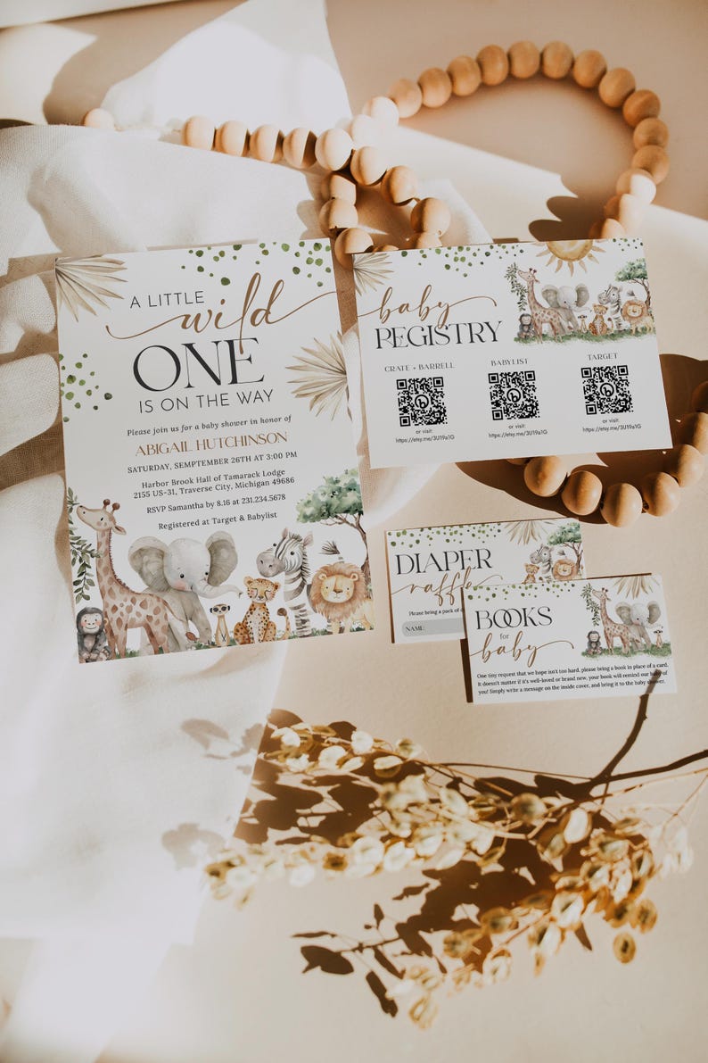 Safari Animals Gender Neutral Baby Shower Invitation + Games Bundle - A Little Wild One on the Way - Editable Digital Download 6030-BBS