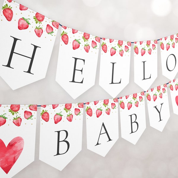 Strawberry Baby Shower Bunting Banner - Hello Baby - Berry Sweet Baby Shower - Girl Baby Shower - Printable Digital Download 1418BBS