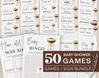Könnte beinhalten: Ein Set mit 50 druckbaren Babyparty-Spielen in Braun und Weiß. Die Spiele zeigen eine Aquarell-Illustration eines Cocktailglases mit einem braunen Getränk und einer beigefarbenen Schleife. Der Text "50 Baby Shower Games" ist in brauner Schrift mit weißem Umriss. Der Text "Games + Sign Bundle" ist in weißer Schrift mit braunem Umriss.