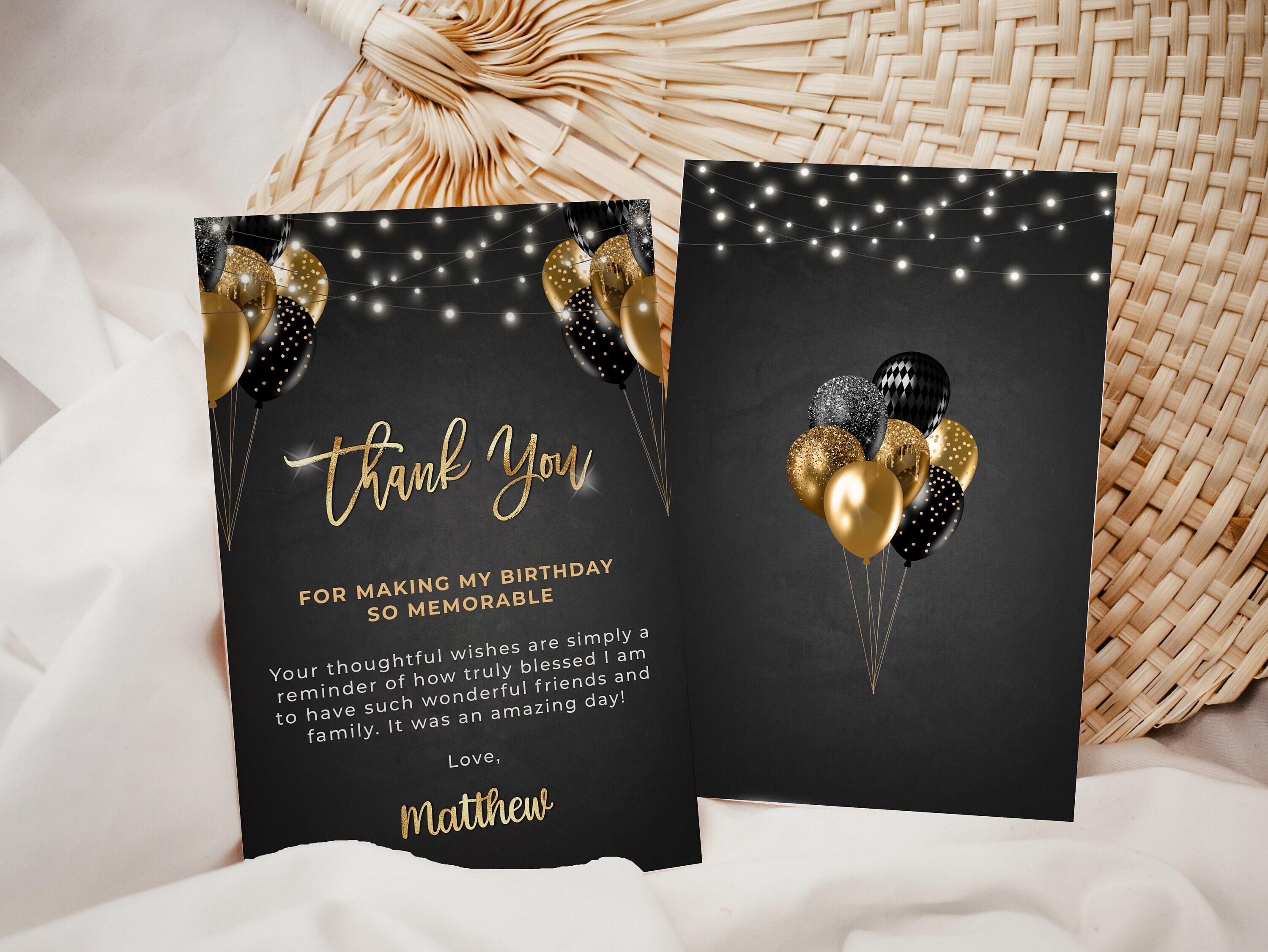 Black and Gold Editable Thank You Card + Tag Template - Digital Instant ...