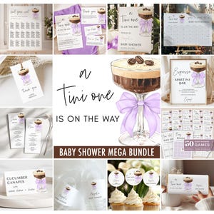 Purple Bow Espresso Martini Baby Shower Invitation + Games Bundle - Martini Baby Shower Theme - A Tini One is On the Way - 5009CPL-BBS