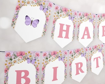 Wildflower Happy Birthday Bunting Banner - Pink Purple Wildflower Party Decor - Boho Butterfly Wildflower Birthday - Digital Download - 1617