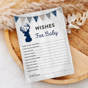 Editable Little Buck Wishes For Baby Template - Boy Baby Shower Games - INSTANT DOWNLOAD - Plaid, Blue Gray BBS5