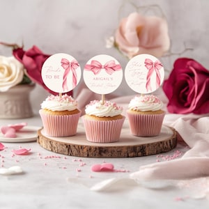 Pink Bow She&#39;s Tying the Knot Bridal Shower Cupcake Topper Template - Modern Pink Ribbon Wedding Shower Decor - Digital Download 5011PBDS
