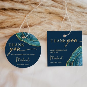 Teal Blue Green and Gold Favor Tag Template - Modern Circle + Square Gift Tag Template - Party Favor Tag - Digital Download Editable 0300TBG