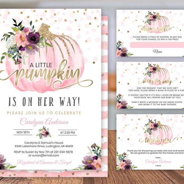 Editable Little Pumpkin Baby Shower Invitation - Pink & Gold Floral - Fall Baby Shower Invites - Autumn Fall - Digital Download BBS16