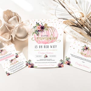 Editable Little Pumpkin Baby Shower Invitation - Pink & Gold Floral - Fall Baby Shower Invites - Autumn Fall - Digital Download BBS16