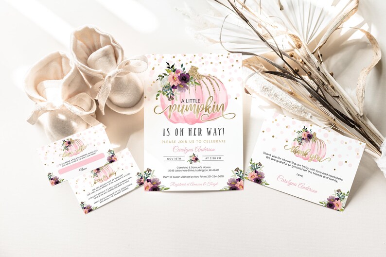 Editable Little Pumpkin Baby Shower Invitation - Pink & Gold Floral - Fall Baby Shower Invites - Autumn Fall - Digital Download BBS16