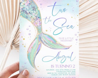 Mermaid Birthday Invitation - Two the Sea - Girl 2nd Birthday - Mermaid Party - Editable Digital and Printable - 1620BP