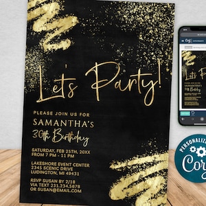 Plantilla de invitación de cumpleaños de lujo en negro y dorado, descarga instantánea digital, editable, para hombres y mujeres, BPG BP143