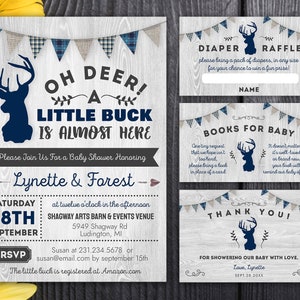 Deer Baby Shower Invitation - Little Deer Baby Shower - Rustic Burlap - Baby Boy - Little Buck - Printable Editable - Plaid, Blue Gray BBS5