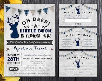 Deer Baby Shower Invitation - Little Deer Baby Shower - Rustic Burlap - Baby Boy - Little Buck - Printable Editable - Plaid, Blue Gray BBS5