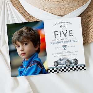Bewerkbare raceauto 5e verjaardag foto uitnodiging - jongen 5e verjaardag - raceauto verjaardagsfeestje - afdrukbare sjabloon digitale download BK162