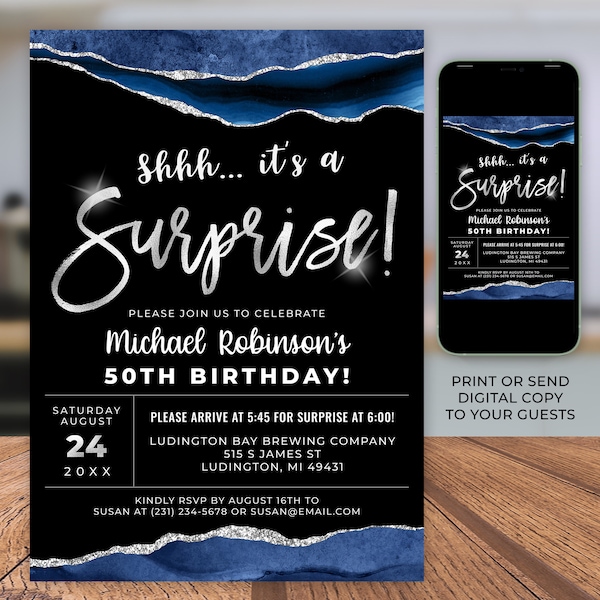 Surprise Birthday Invitation Party Invite Any AGE Navy Black Silver Sparkle Digital Instant download 5x7 Editable adult men/women AGT APBBL