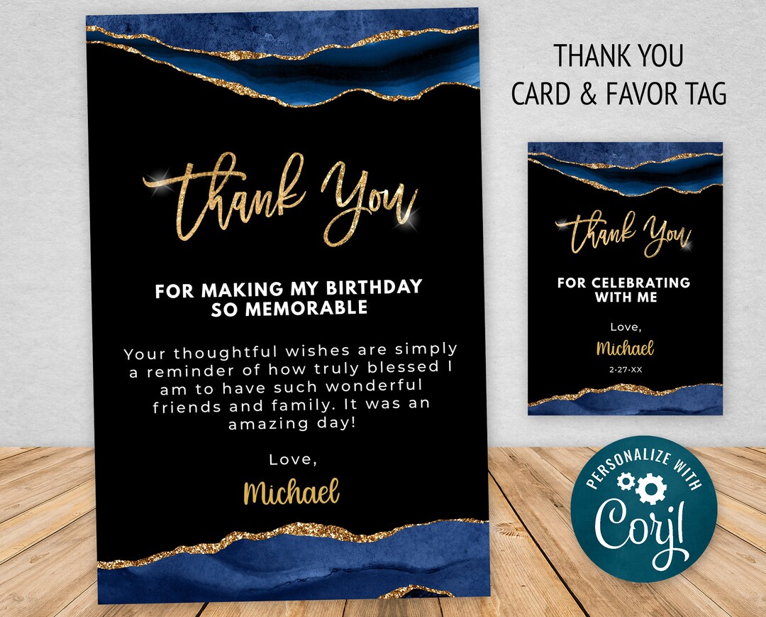 Blue and Gold Thank You Card and Gift Tag Template, Glitter Sparkle Instant Digital Download
