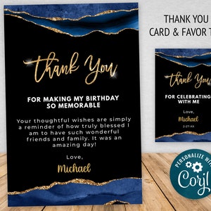 Modelo de cartão de agradecimento e etiqueta de presente azul e dourado, Glitter Sparkle Download digital instantâneo editável AGT APBBLG