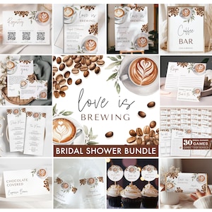Puede incluir: Un paquete de despedida de soltera con temática de café. El paquete incluye invitaciones, tarjetas de agradecimiento, un cartel de bienvenida, un cartel de barra de café, una tarjeta de receta, un menú de bebidas, una tarjeta de juego, adornos para cupcakes y etiquetas de regalo. El diseño presenta una ilustración de acuarela de tazas de café y granos de café.