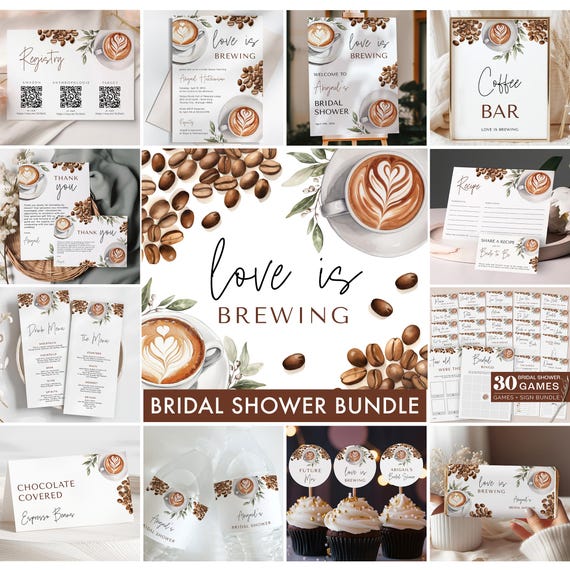 Coffee Bridal Shower Bundle - Love is Brewing Bridal Shower Invitation + Games Bundle - Editable Digital Download 5010BDS
