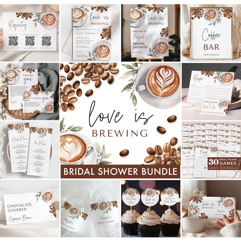 Coffee Bridal Shower Bundle - Love is Brewing Bridal Shower Invitation + Games Bundle - Editable Digital Download 5010BDS