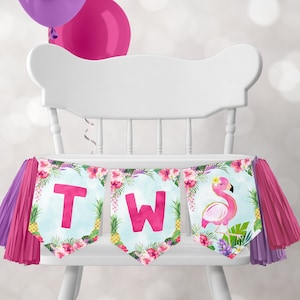 Flamingo Birthday Party, 2nd Birthday Editable High Chair Banner, Second Birthday, Editable Instant Download FPTY