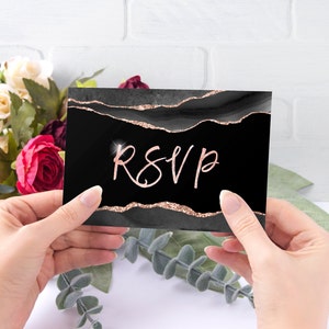 Modelo de cartão RSVP editável preto e ouro rosa com opções de menu, cartão postal RSVP para download digital instantâneo editável AGT APBRBRG