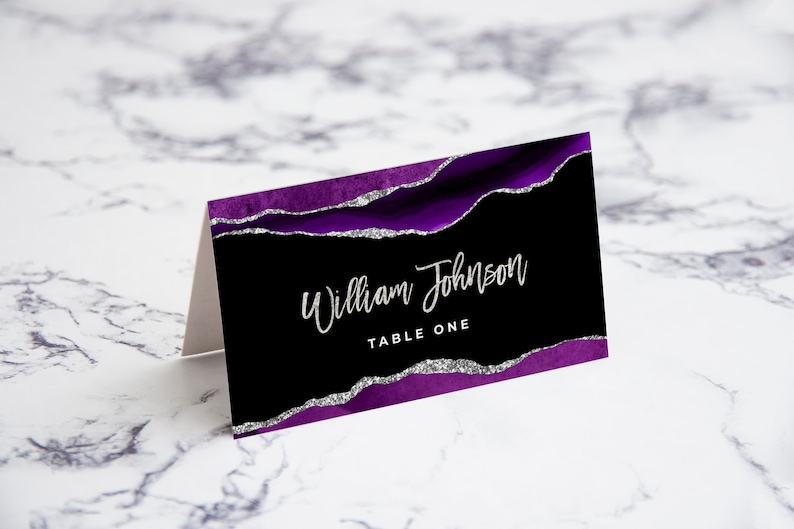 Black Purple and Silver Place Card Template Editable Tent - Etsy