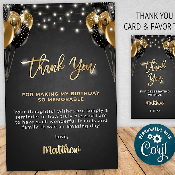 Black and Gold Editable Thank You Card + Tag Template - Digital Instant Download Printable Editable BPB BGB