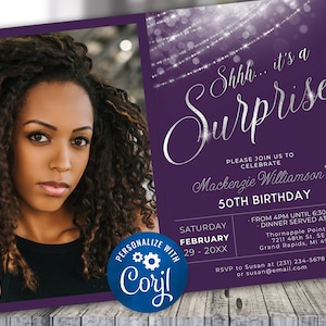 Surprise Birthday Invitation Photo Invite Party Purple & Silver Invitation Glitter Invite Digital INSTANT download Editable Adult B27 B27SP