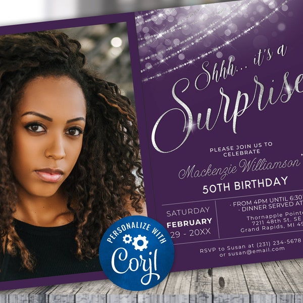 Surprise Birthday Invitation Photo Invite Party Purple & Silver Invitation Glitter Invite Digital INSTANT download Editable Adult B27 B27SP