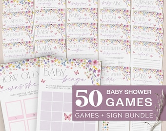 Baby in Bloom Baby Shower Games Bundle - Wildflower Floral Butterfly Baby Shower Games + Sign Bundle - Editable Digital Download 5015-BBS