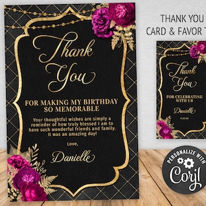 Cartão de agradecimento editável + modelo de etiqueta - Preto e dourado com rosas magenta - Download instantâneo BPR BP123